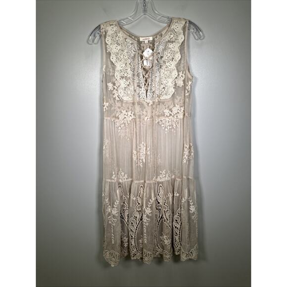 Sundance Dresses & Skirts - Sundance Midi Dress S Sheer Beige Crochet Tiered Cottagecore Fairycore